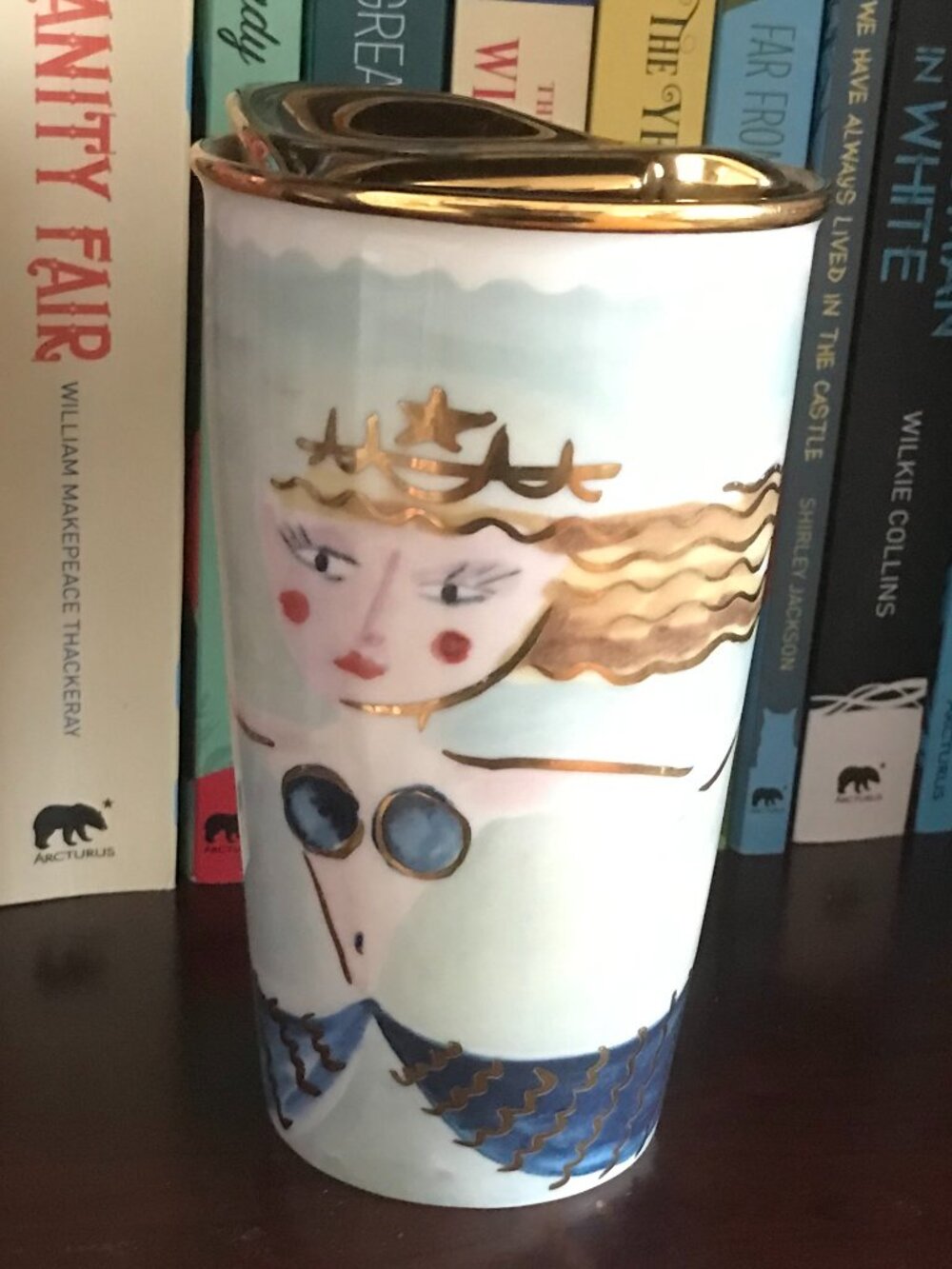 Starbucks Ceramic Mermaid Siren Tumbler w Gold Trim & Lid 12 oz